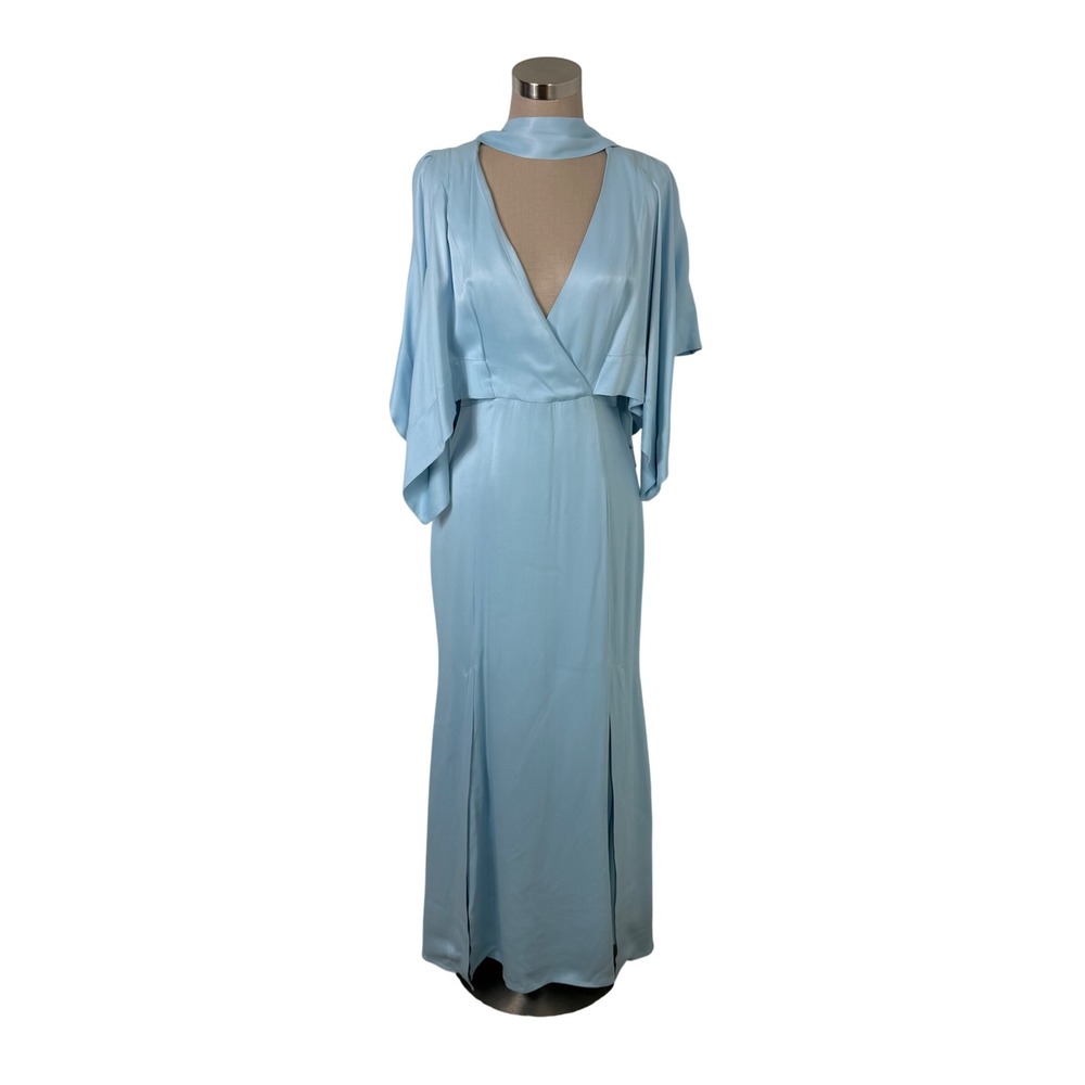 Karen Millen Blue Satin Crepe Batwing Sleeve Maxi Dress Nevk Scarf size 4